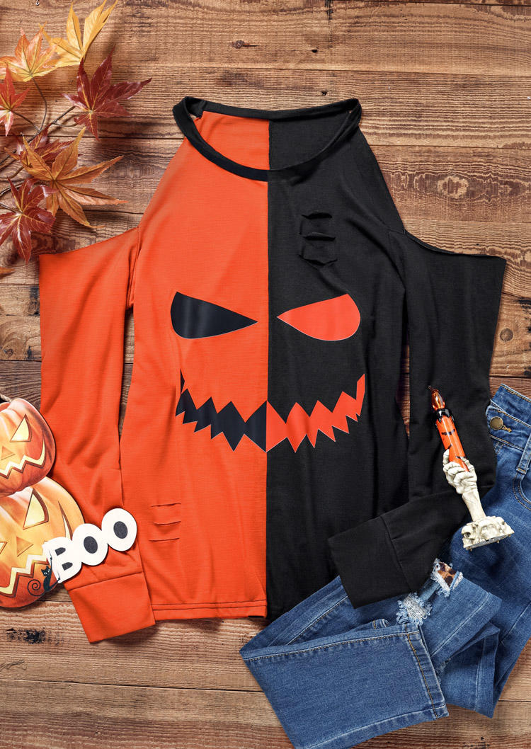 Halloween Pumpkin Scary Color Block Cut Out Blouse