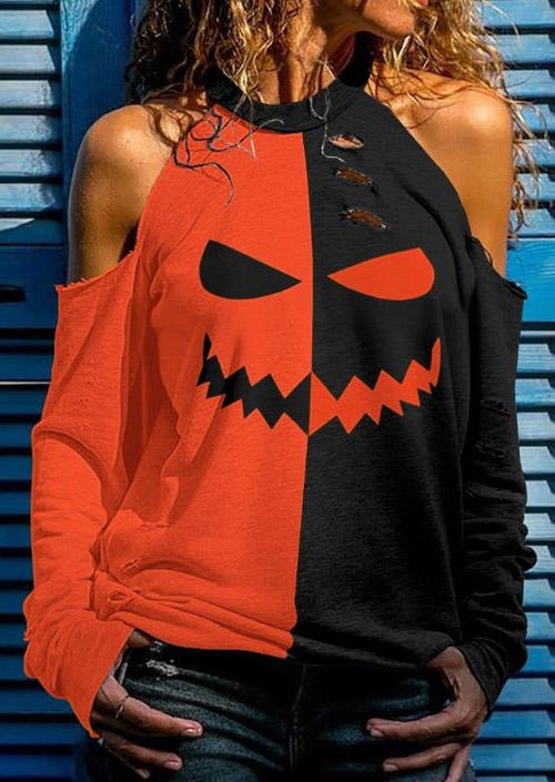 

Halloween Pumpkin Scary Color Block Cut Out Blouse, Multicolor, SCM006712
