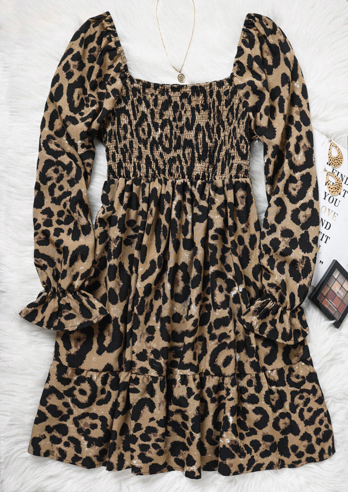 Leopard Long Sleeve Smocked Mini Dress