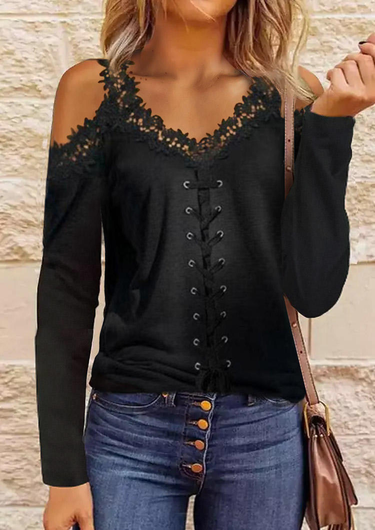 

Lace Splicing Lace Up Cold Shoulder Blouse - Black, SCM006865