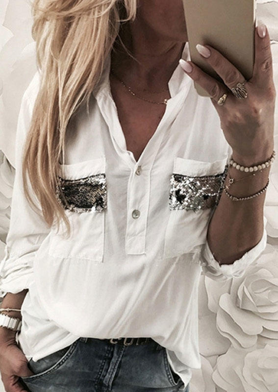 

Sequined Pocket Button Long Sleeve Shirt - White, SCM006867