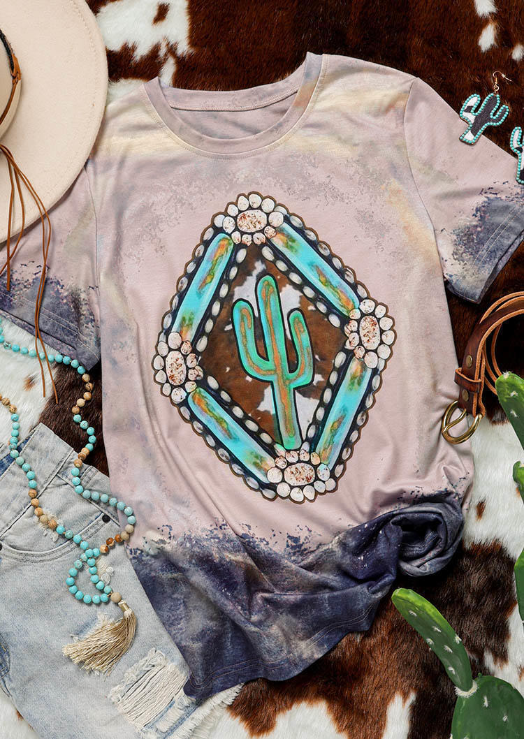 

Tie Dye Cactus O-Neck T-Shirt Tee, Multicolor, SCM006932