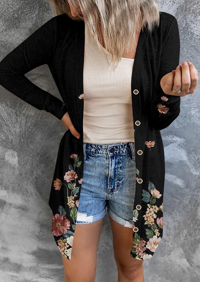 

Floral Button Long Sleeve Open Front Cardigan - Black, SCM006991