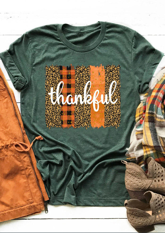 

Thankful Plaid Leopard O-Neck T-Shirt Tee - Green, SCM007035