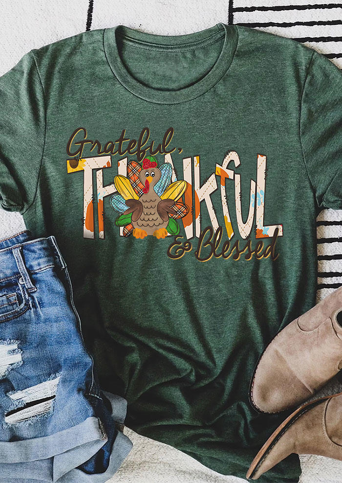 

Thanksgiving Grateful Thankful & Blessed Turkey T-Shirt Tee - Green, SCM007036