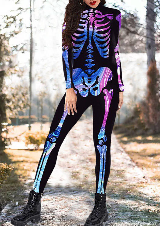 

Halloween Colorful Skeleton Zipper Jumpsuit, Multicolor, SCM007144