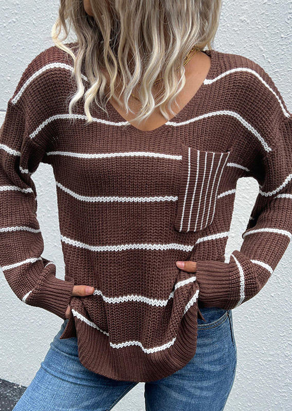 

Striped Pocket Slit Long Sleeve Sweater - Coffee, Brown, SCM007161