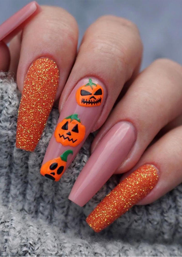 

Halloween Pumpkin Face Fake Nail Set, Orange, SCM007182