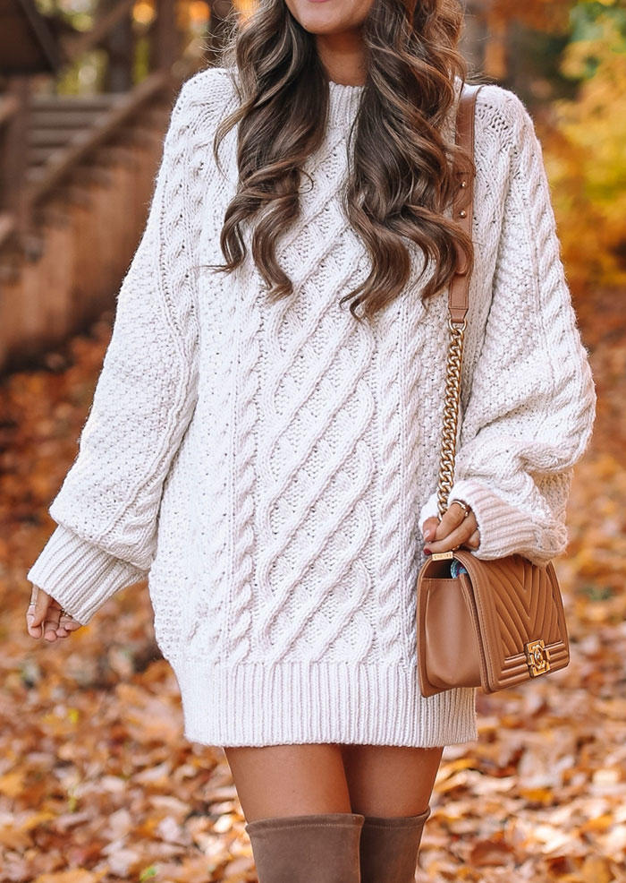 

Crocheted Long Sleeve Sweater Dress - White, SCM007217