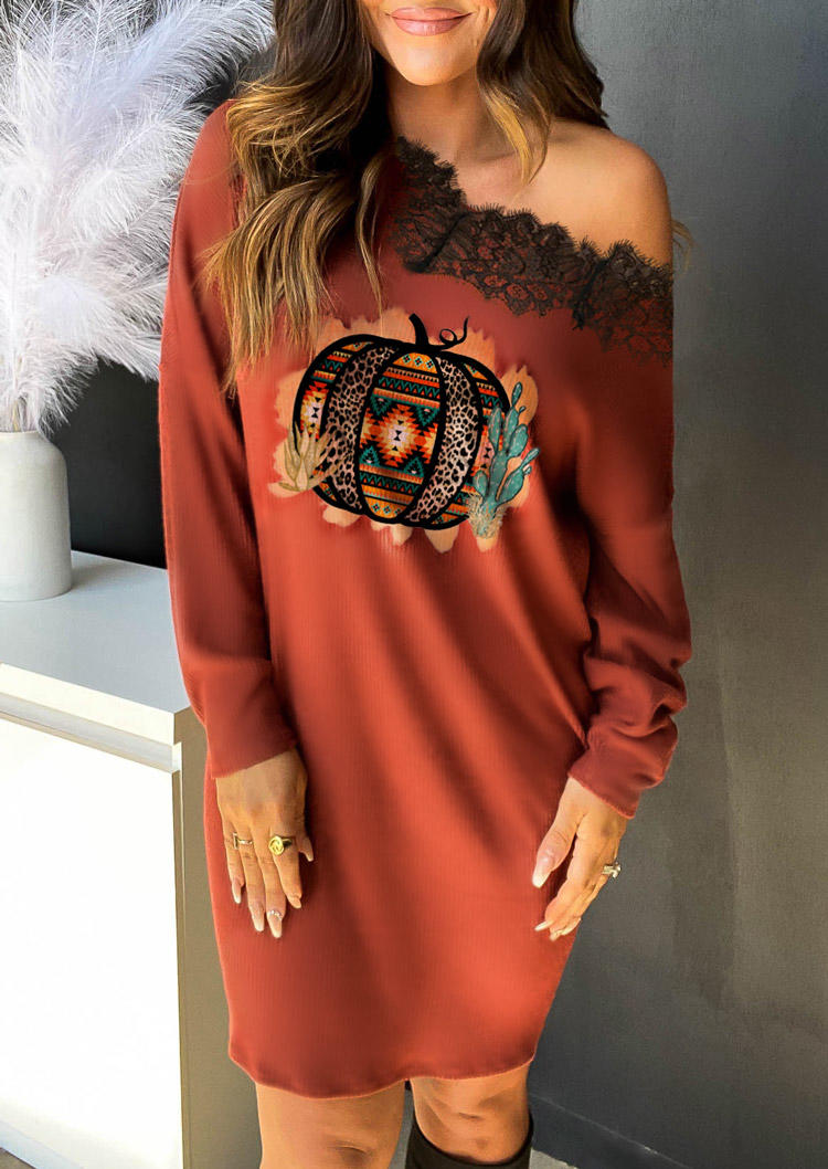 

Pumpkin Aztec Geometric Leopard Lace Splicing Mini Dress - Orange, SCM007382