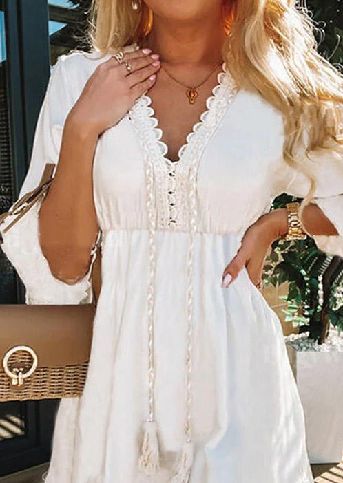 Lace Splicing Tassel Flare Sleeve Mini Dress - White