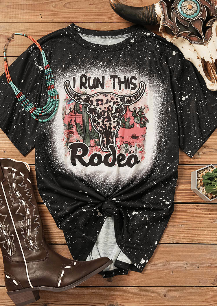 

I Run This Rodeo Leopard Cactus Steer Skull Bleached T-Shirt Tee - Black, SCM006770