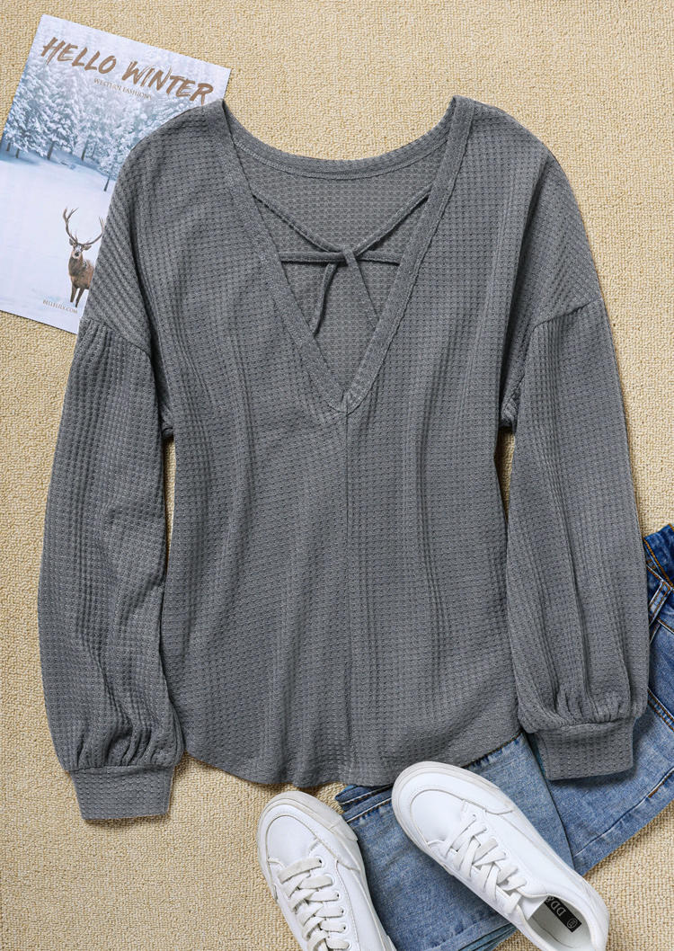 Pocket Criss-Cross Open Back Waffle Blouse - Gray