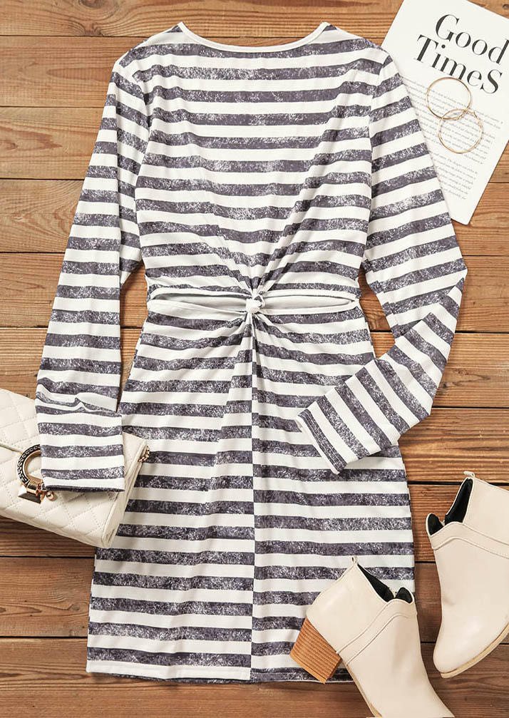 Striped Hollow Out Twist Long Sleeve Mini Dress