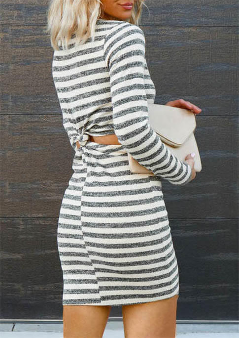 Striped Hollow Out Twist Long Sleeve Mini Dress