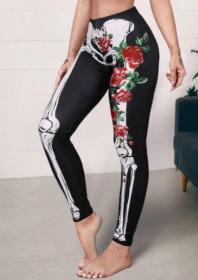 Halloween Gothic Skeleton Floral Leggings - Black, SCM006897
