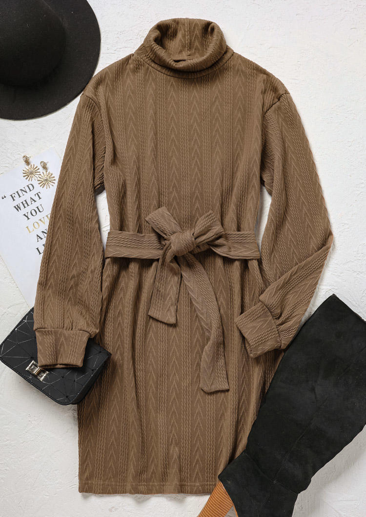 Long Sleeve Tie Turtleneck Mini Dress - Brown