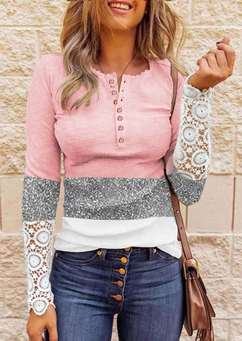 

Lace Glitter Splicing Color Block Button Blouse - Pink, SCM006988