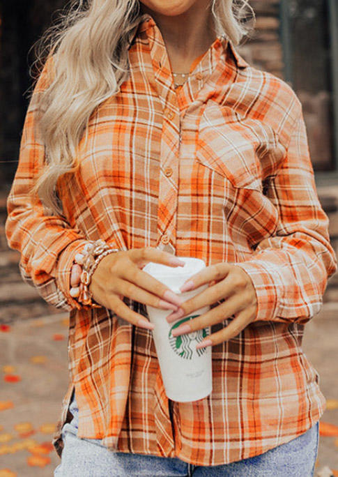 

Plaid Pocket Button Turn-Down Collar Shirt - Orange, SCM007014