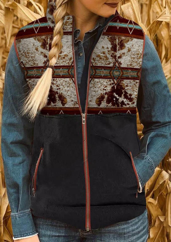 

Cow Aztec Geometric Zipper Western Vest Coat - Black, SCM007076