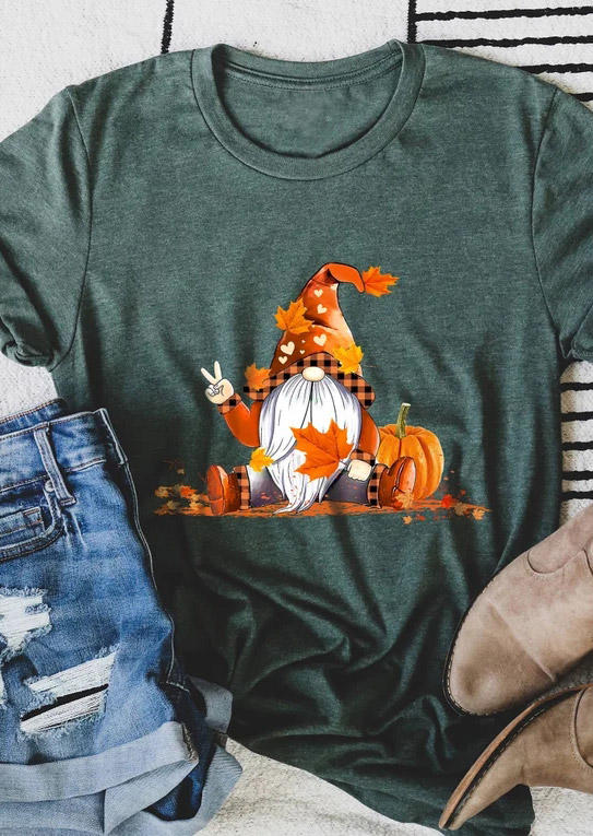 

Gnome Pumpkin Maple Leaf Plaid T-Shirt Tee - Green, SCM007352