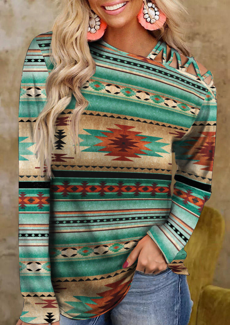 

Aztec Geometric Criss-Cross One Sided Cold Shoulder Blouse, Multicolor, SCM005563