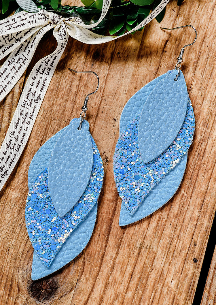 Glitter Leaf Multi-Layered Earrings - Sky Blue