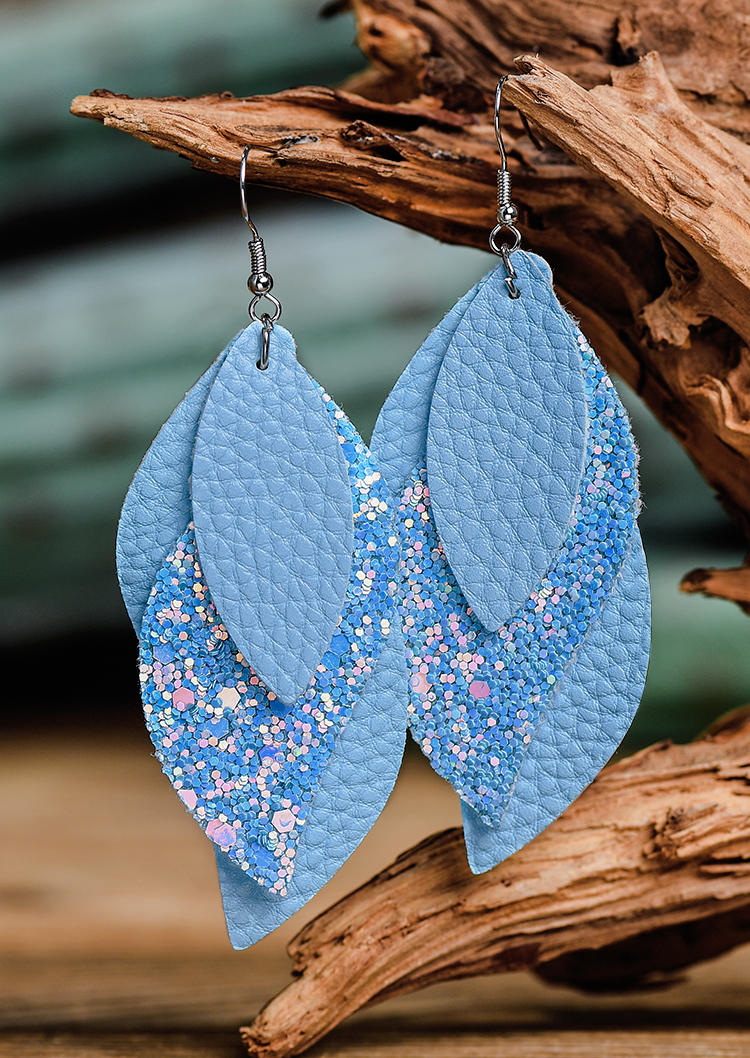 Glitter Leaf Multi-Layered Earrings - Sky Blue