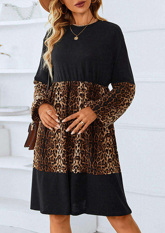 Leopard Color Block Long Sleeve Mini Dress - Black