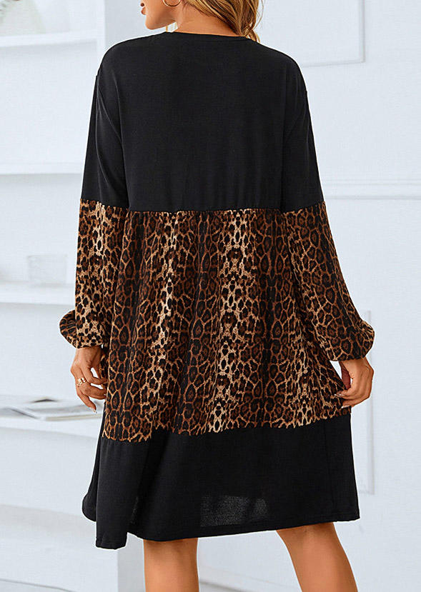 Leopard Color Block Long Sleeve Mini Dress - Black