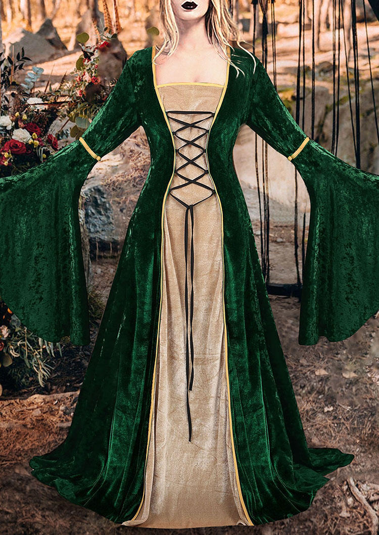 Halloween Lace Up Flare Sleeve Maxi Dresses - Green