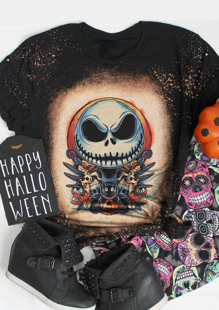 

Halloween Skull Bleached T-Shirt Tee - Black, SCM006850