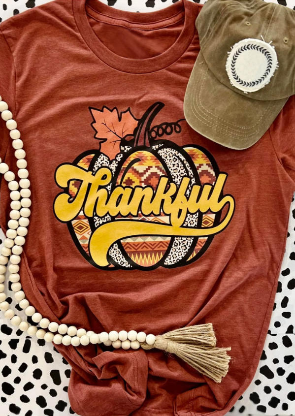 

Thankful Pumpkin Maple Leaf Leopard Aztec Geometric T-Shirt Tee - Brick Red, SCM007013