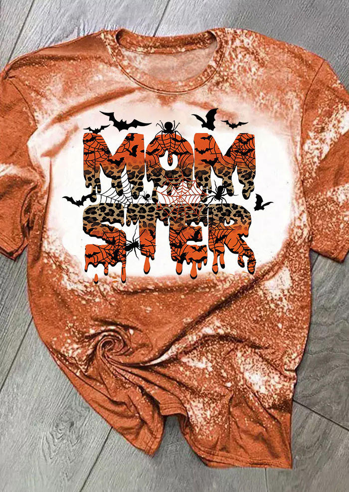 

Halloween Momster Bleached Leopard O-Neck T-Shirt Tee, Multicolor, SCM007017