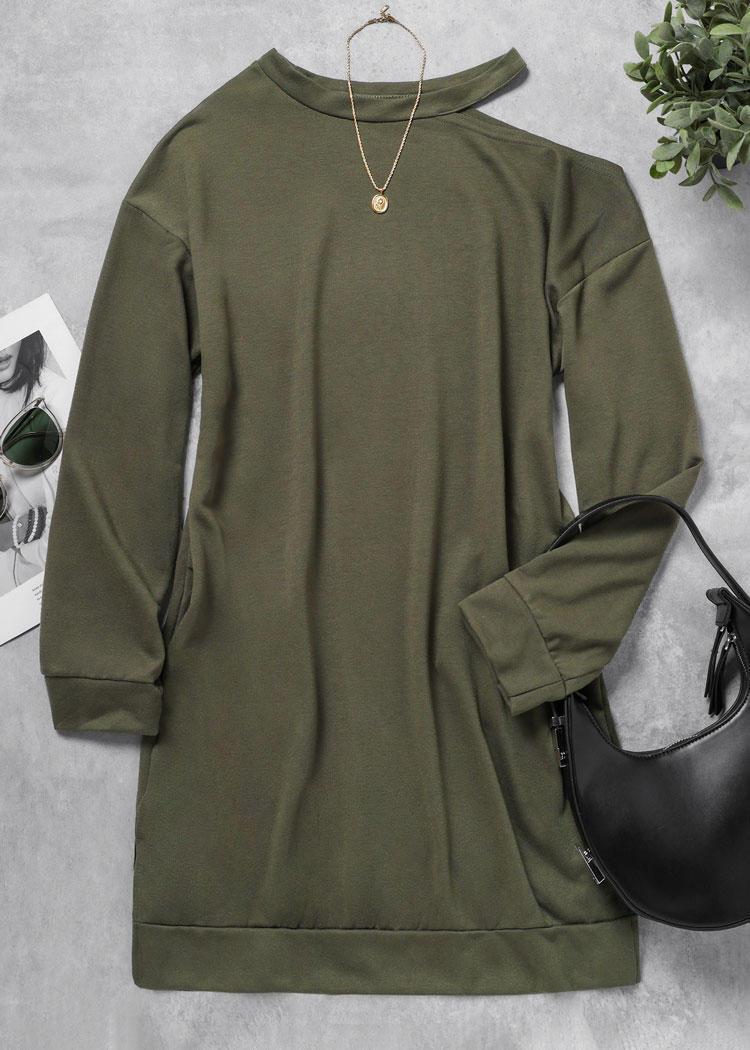 Pocket Slit One Sided Cold Shoulder Mini Dress - Army Green