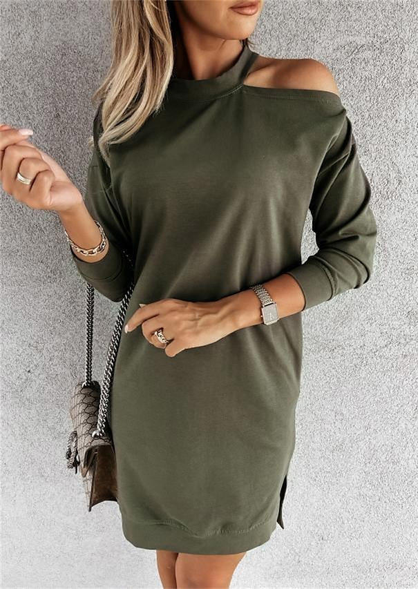 Pocket Slit One Sided Cold Shoulder Mini Dress - Army Green