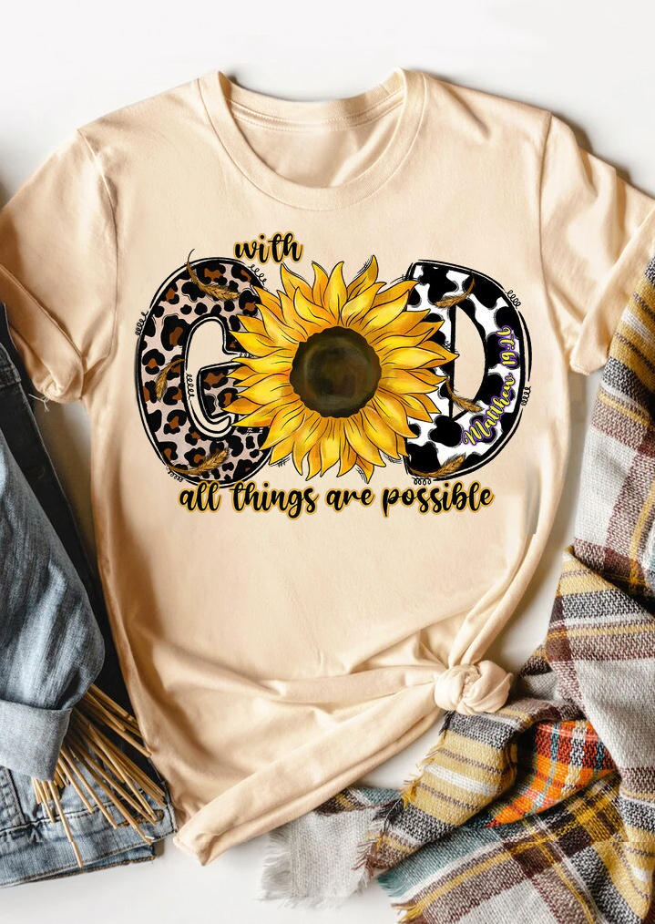 

With God All Things Are Possible Leopard Sunflower T-Shirt Tee - Beige, Apricot, SCM007050