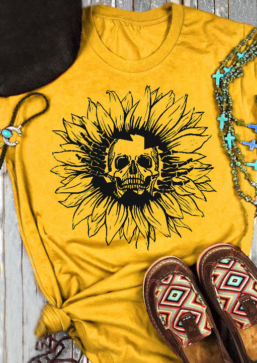 

Halloween Sunflower Skull O-Neck T-Shirt Tee - Yellow, SCM007130