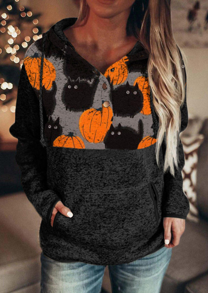 

Halloween Pumpkin Cat Button Long Sleeve Hoodie - Black, SCM007164