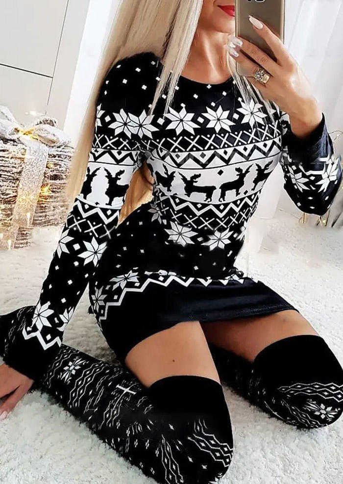 Christmas Reindeer Snowflake Bodycon Dress - Black