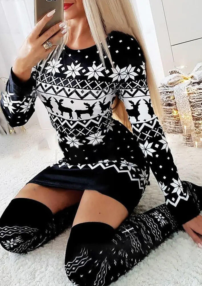 Christmas Reindeer Snowflake Bodycon Dress - Black