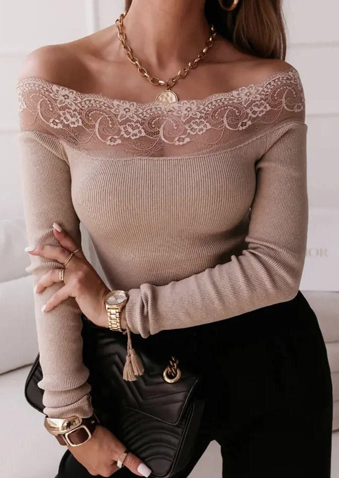 

Lace Splicing Off Shoulder Blouse - Khaki, SCM007262