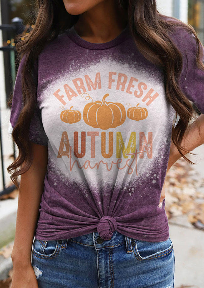 Farm Fresh Autumn Harvest Pumpkin Bleached T-Shirt Tee - Purple
