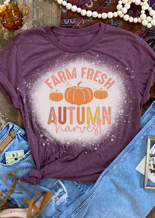 

Farm Fresh Autumn Harvest Pumpkin Bleached T-Shirt Tee - Purple, SCM007271