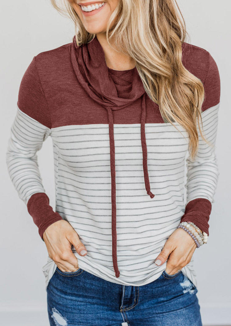 

Striped Long Sleeve Cowl Neck Blouse - Burgundy, Red, SCM007341
