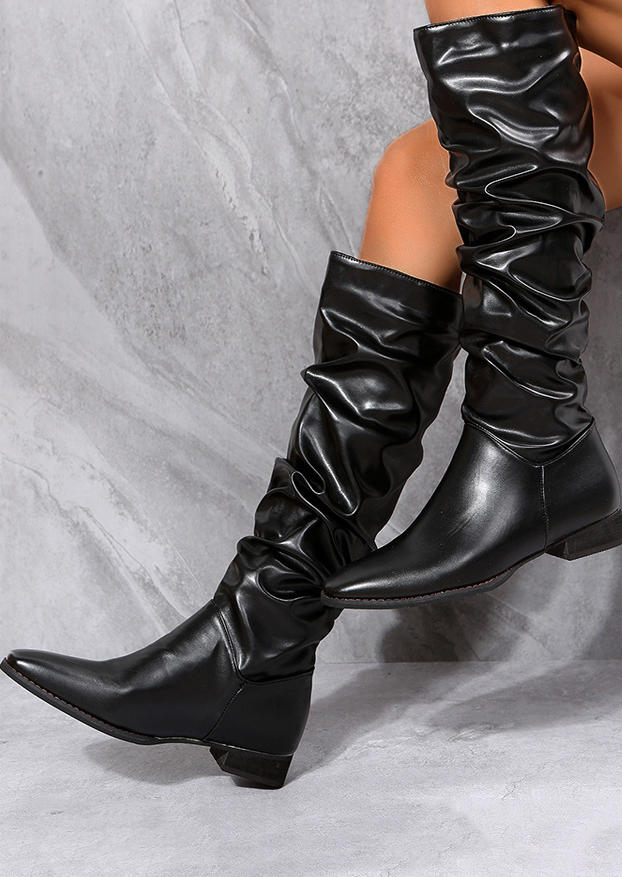 Knee-High Low-heeled PU Leather Boots - Black