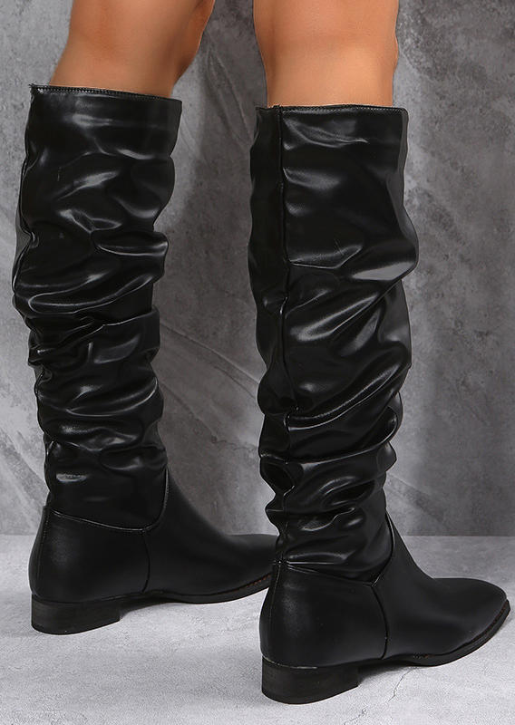 Knee-High Low-heeled PU Leather Boots - Black