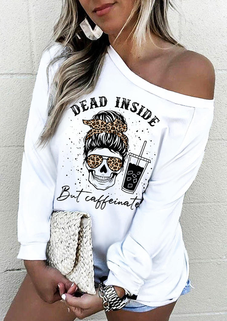 Dead Inside But Caffeinated Leopard Skull Sweatshirt - White