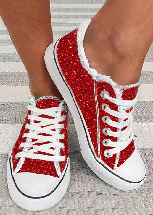 

Glitter Lace Up Flat Casual Sneakers - Red, SCM007655