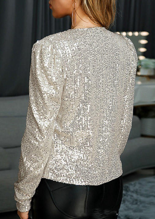 Sequined Long Sleeve Open Front Chic Jacket - Apricot